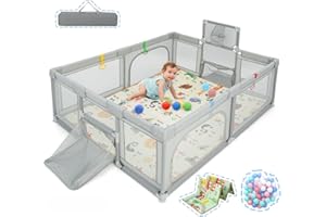 LIFEZEAL Baby Laufstall Faltbar, Laufgitter mit 50 Spielbällen & Matratze, Krabbelgitter Aktivitätszentrum für Kinder, mit Tragetasche (dunkelgrau) (188 x 157 x 69 cm, Hellgrau)