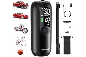 Woowind LP1 Przenośna Sprężarka Powietrza 150 PSI/10.3 BAR, Automatyczne Wyłączanie, Ładowanie USB, LED do Samochodów, Motocykli, Rowerów, Piłek, Adaptery Presta/Schrader