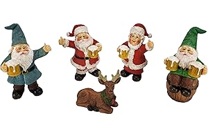 GlitZGlam Babbo Natale, la signora Claus e gli gnomi felici compagni di bevute di birra! - Set di 5 nani da giardino per il giardino delle fate in miniatura