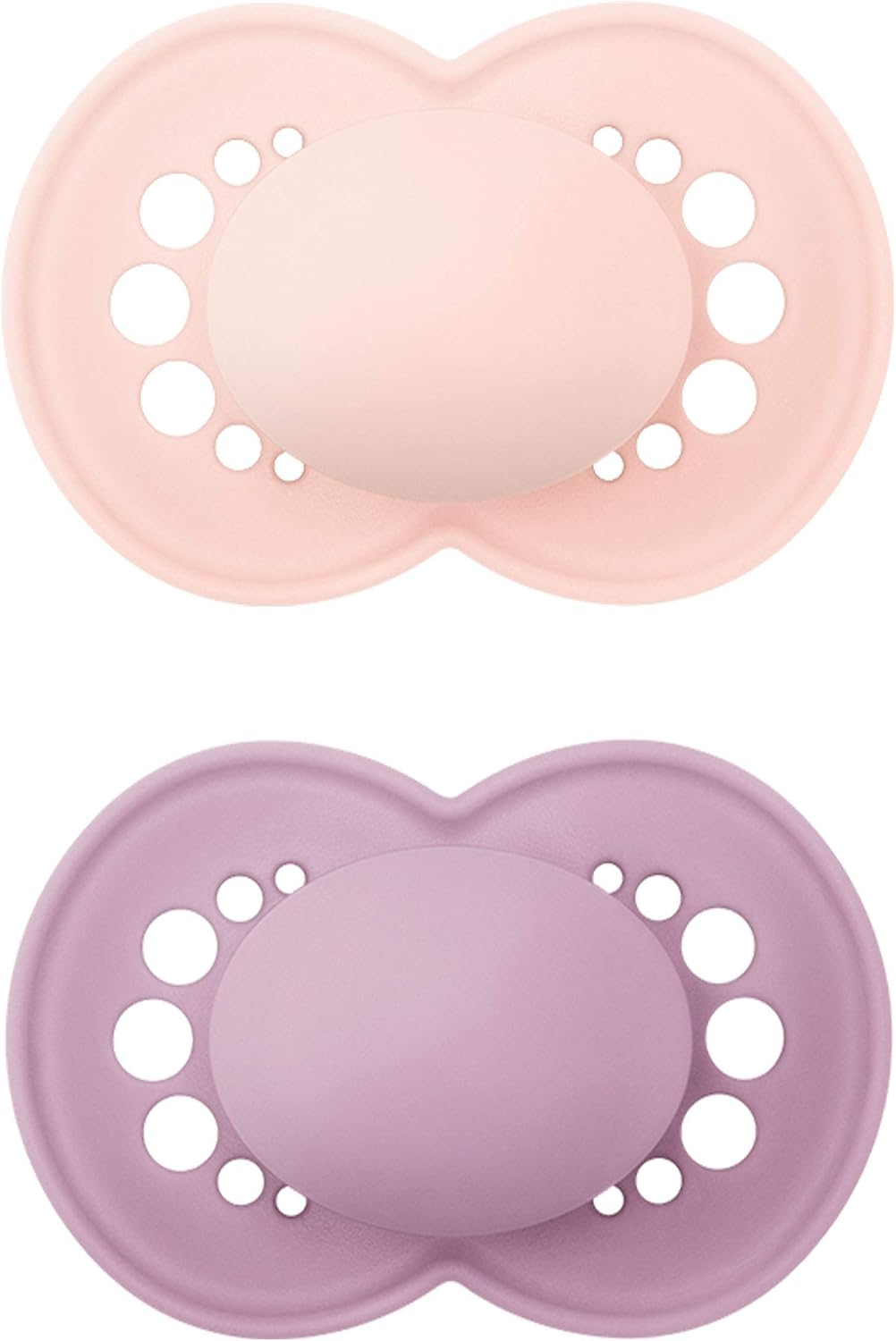 MAM Original Elements dummy, symmetrical and orthodontic baby dummy made of SkinSoft silicone, breastfeeding-friendly shape, with dummy box, 16+ months, pink/purple, set of 2