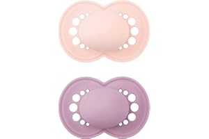 MAM Original Elements dummy, symmetrical and orthodontic baby dummy made of SkinSoft silicone, breastfeeding-friendly shape, with dummy box, 16+ months, pink/purple, set of 2