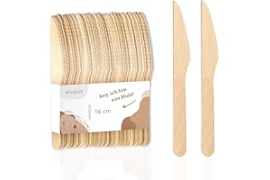 wisefood Couteaux jetables en bois de bouleau, 200 pièces Couteaux jetables en bois 16cm, Couverts jetables biodégradables, Naturels, stables, écologiques avec emballage sans plastique