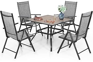 PHI VILLA PHIVILLA Garden Furniture Sets with Garden Table and Chairs, Outdoor Patio Set with Adjustable Garden Foldable Chairs & Square Wood-Like Metal Steel Patio Dining Table with 4cm Umbrella Hole, Grey