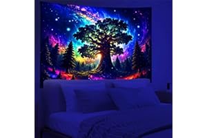 Arsey Schwarzlicht Wandteppich Wald Trippy UV-Reaktive Wandteppiche Hochkant Baum Sterne Galaxy Aesthetic Wandtücher Wandtuch Deko Wohnzimmer, Bunt, Groß 200x150cm