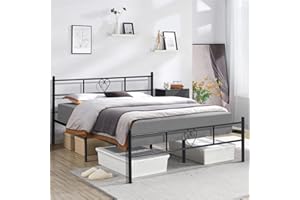 FetiNes Metalowe łóżko podwójne 140 x 200 cm, łóżko dla gości, rama łóżka z zagłówkiem w kształcie serca, rama łóżka ze stelażem do sypialni, pokoju gościnnego, łóżka, czarne