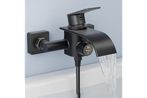 KULACO Robinet de Baignoire Cascade Noir, Mitigeur de Baignoire, Robinet de Baignoire en Laiton avec Pressostat, Robinet de Baignoire Douche pour Montage Mural - Noir