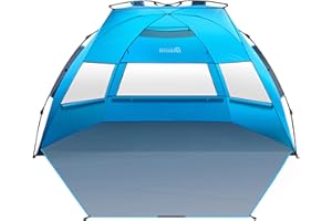 OutdoorMaster Pop Up 3-4-osobowy namiot plażowy XL, łatwy montaż, przenośny żagiel plażowy, składany żagiel przeciwsłoneczny z ochroną UV UPF 50+, zdejmowany świetlik, rozmiar rodzinny (niebieski)