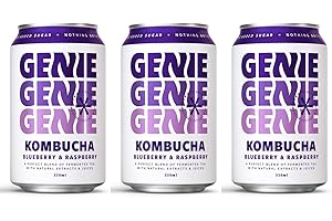 GENIE LIVING DRINKS Kombucha, Blueberry & Raspberry, Fermented for 10 Days, Gut Friendly, Low Calorie, All Natural, 100% Vegan, No Sweeteners, No Nasties, Made in UK, Natural Energy, 3 x 330ml Cans