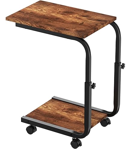 Vantic C-Shaped End Table With Storage - Slide Under Sofa Side Table For Living Room & Bedroom, Rustic Brown