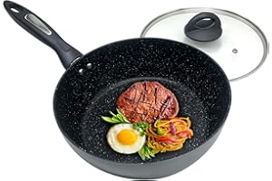 OGIBRIDI Padella Wok con Coperchio Padella Induzione Saltapasta Pentole Agnelli per Friggere Saltare Stufare Grigliare Bistecca Pollo Frittata Pasta Stufato Verdure ecc Fatto di Lega di Alluminio 24 cm