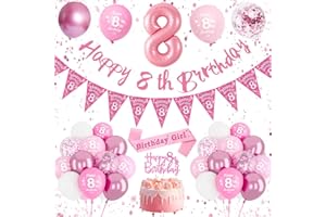 DJLLA Pink 8th Birthday Decorations - Balloons, Banner & Cake Topper for Girls