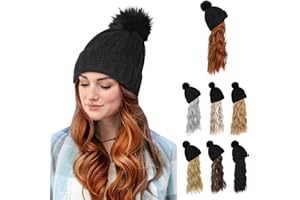 Flufymooz Beanie Wig Hat, Long Wavy Curly Black Hairpiece with Faux Fur Pom Hat, Wig Attached 20 Inch Synthetic Hair for Women Girls Winter (Copper Red)