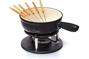 Bonvivre Gusseisen Fondue Set für 6 Personen - 2 Liter - Fondueset 9-teilig mit Brenner und 6 Gabeln - mit Emaille-Beschichtung - geeignet für Käsefondue Schokofondue Fleischfondue Gemüsefondue