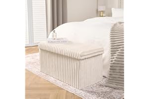 OHS Rectangle Storage Ottoman Box, Modern Cream Ribbed Footrest with Hidden Storages Padded Large Storage Ottoman with Lid Space Saving Bench for Living Room Bedroom, One Size