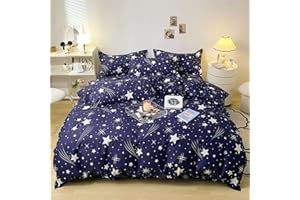 KOUDI Ropa de cama infantil de 135 x 200 cm, diseño de estrellas, color azul oscuro y blanco, funda de edredón y funda de almohada de 80 x 80 cm