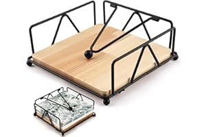 Foydream Portatovaglioli da Tavola, Porta Tovaglioli in Metallo con Quadrato Base Legno, Porta Scottex con Braccio Appesantito, Portatovaglioli di Carta per Tavoli Bar Cucina 18 x 18 x 7 cm, Nero