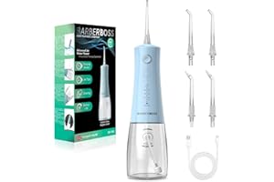BarberBoss jet dentaire, irrigateur buccal sans fil, fil dentaire électrique, 5 modes pression, étanche IPX8, irrigateur buccal portable, kit nettoyage dents, QR-7102 (Bleu Pastel)