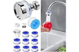 Zuxbolf Set di Filtro Anticalcare Rubinetto Ruotabile a 360° con 8 Pz Elementi Filtranti in Cotone PP e 1 Pz Adattatore Universale per Casa, Cucina, Bagno, Lavandino