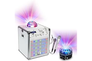 BOST - Enceinte Autonome Karaoké USB/Bluetooth KUBELED-WH avec Lumière Astro intégrée - 2 Micros - Télécommande - 1 Jeu de Lumière Astro - Anniversaire