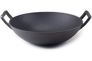 Wok en fonte de Hanseküche - Poêle à wok de haute qualité cuite au four, Ø 35,5 cm, adaptée à l'induction - Poêle en fonte robuste et rustique