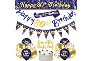 DEARLIVES Navy Blue Gold 80th Birthday Party Decorations - Happy Birthday Banner, Triangle Flag Banner, Confetti Latex Balloons