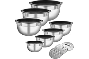 LCXCXY Saladier Inox, Saladier Avec Couvercle ensemble de 10 pièces,7 Cul de poule inox, Bol Inox, Bols à mélanger bols de 450 ml/550 ml/800 ml/1100 ml/1400 ml/1800 ml/2300 ml, 3 râpes, bols à empilables