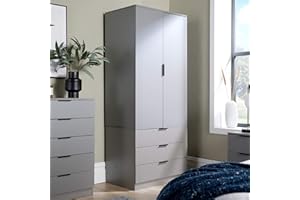 Home Source 2 Door 3 Drawer Wardrobe with Clothes Hanging Rail Storage Shelf Bedroom Organiser, Grey