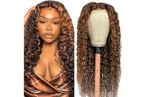 Tuheerst Curly Wave Human Hair Wig Brown Parrucca Donna Capelli Veri Umani P430 Highlight Remy Hair 4X4 Lace Glueless Wear and Go Pre Bleached Knots with Baby Hair for Woman 28 Inch