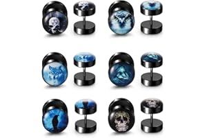 PiercingJak 6 Pairs Black Stud Earrings Fake Gauges Gothic Skull Earrings 18G Stainless Steel 00G Cheater Fake Ear Plugs Illusion Tunnel Piercing Barbell Stud Screw Earring