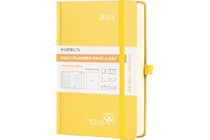 POPRUN Kalendarz 2024 A5 Dzienny Książkowy 21,5 x 14,5 cm, Dzienny Planer 2024, Stały Uchwyt na Pióro, Twarda Oprawa Sztywny Okładka Ze Skóry Wegańskiej i Papier z Certyfikatem FSC®, Jasnożółty