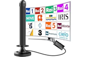 DTB TECH Antenna TV da interno, Antenna tv interna amplificata potente，Amplificador de señal de HDTV digital de recepción omnidireccional de 360 grados, soporta canales 4K hd,Base magnética fácil de instalar