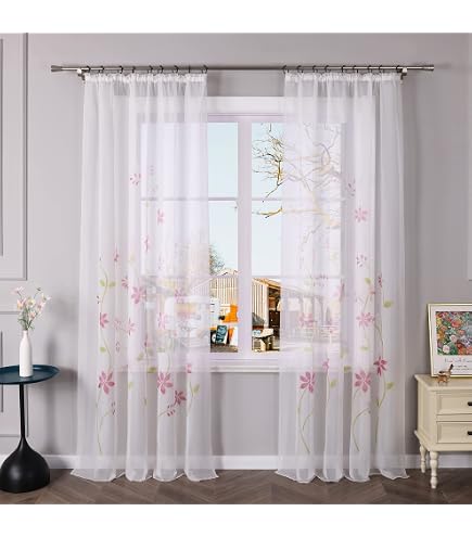 Durchsichtige Vorhänge Mit Besticktem Blumenmuster | Lavendel & Lila | 2 Paneele 140x215 Cm | Halbtransparent Für Schlafzimmer & Wohnzimmer