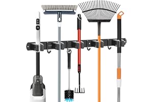 ibell Colgador de Escobas y Fregonas con 5 Posiciones y 4 Ganchos, Colgador y Organizador Soporte Escobas pared Adhesivo de Acero Inoxidable, Sujeta Escobas para Garaje, Cocina, Baño, Jardín