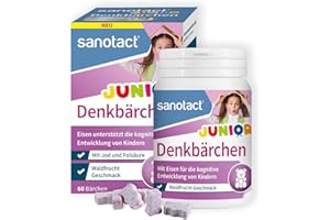‎SANOTACT sanotact Denkbärchen Junior (60 Lutschtabletten) • Mit Eisen, Folsäure & Jod • Eisen Tabletten für die kognitive Entwicklung bei Kindern • Vitamine für Kinder • Waldfrucht-Geschmack