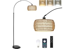 Rayofly Lampe à Arc - Salon Lampadaire Vintage avec Abat-Jour en Rotin, Boho avec Télécommande et Ampoule LED, Contrôle par Application, Intensité Variable
