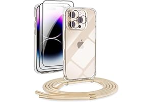 DiDaDi [5 in 1 Handykette Set für iPhone 16 Pro Necklace Hülle mit Bands+Transparent Schutzhülle+2*Schutzfolie+kameraschutz Glas, Schutzhülle zum Umhängen Kordel Case (Gold, iPhone 16 Pro)