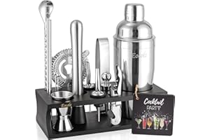 Eocolz Cocktail Shaker Kit, INOX Ensembles de Bar Cocktail Set, 17Pièces Cocktails Ensemble-Cadeau, Shaker à Cocktail Kit Barman avec Cadre en Bois (Noir Argent)