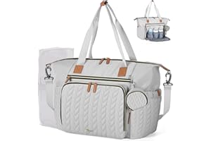 Tonyeee Baby Changing Bag Tote, Large Nappy Diaper Tote Bag for Mum Dad, Travel Baby Bag with Changing Mat, Pacifier Case, Insulated Bottle Pocket, Light Grey