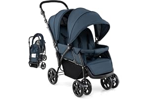 LIFEZEAL Carrito Gemelar, Silla de Paseo Doble Plegable para Gemelos, Cochecito de Viaje de 2 Plazas para Bebé con Ajuste de 3 Posiciones, Capacidad de carga 15+15 KG (Azul)