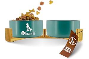 bluzelle Ciotola Cane 2-in-1 XXL, Ciotole Ceramica 850ml con Struttura in bambù, Doppia Ciotola Rialzata per Cani e Gatti, Antiscivolo, Lavabile in Lavastoviglie e Microonde, Colore:Benzina