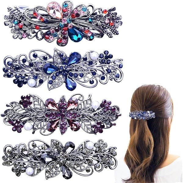 InSowni 4er Set Glitzer Haarspangen – Französische Alligator-Clips Mit Strass & Schmetterling, Ca. 7 Cm | Für Frauen & Mädchen, Ideal Für Hochzeit & Partys