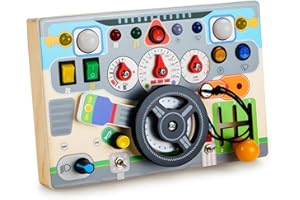 JELLYBIBO Busy Board Montessori 1 Anno, Pannello Sensoriale Bambini Montessori con volante simulato e interruttori a LED, volante giocattolo per bambinis, giocattolo sensoriale per bambini con autismo, blu