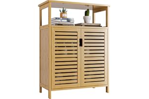 HITNET Bathroom Storage Cabinet, Bamboo Side Storage Organizer with Double Shutter Doors and Shelves, Freestanding Floor Cabinet for Living Room, Kitchen, Entryway, Natural