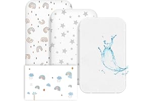 NesriToy Baby Spannbettlaken 70 x140cm, 2 X Bettlaken Kinderbett Oeko-Tex Standard 100, 1 X Matratzenschoner aus 100% wasserdichtem, 3er Set Spannbetttuch für Babybett(Regenbogenpunkte + Sterne)