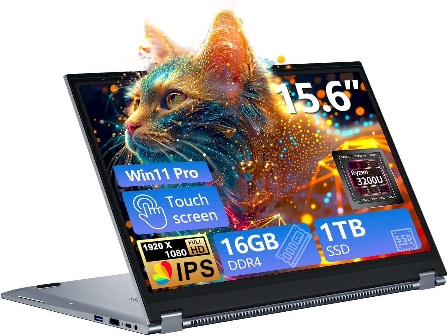 15,6 Pulgadas Ordenador Portátil Pantalla Táctil 2 en 1, Laptop 16GB RAM 1TB SSD, Win11 PC Portátil con Ryzen 3 3200U Procesador, Computadora Portátil 360° Pantalla Táctil 1080P FHD IPS Type-C RJ45