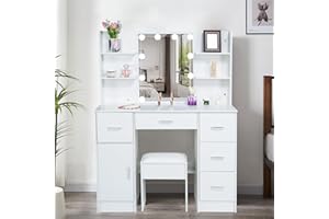 Aovquof Tavolo da toeletta con 10 luci LED regolabili, specchio da trucco con specchio, tavolo da toeletta con 7 cassetti, 6 ripiani aperti per la camera da letto (140 x 100 x 40 cm)