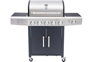 Arsard Barbecue a Gas Professionale XXL Con 6 Fuochi Multifunzione Da 19 KW, Completo Di Bruciatore Laterale, Coperchio, Termometro, Griglia In Ghisa, Ruote E Struttura In Acciaio Inox