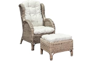Mojawo Luxus Relaxsessel Korbsessel Ohrensessel mit Fußhocker aus Rattan, inkl. Polster in beige Gartensessel Rattansessel mit Hocker