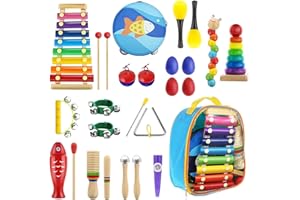 NAHKZNY Instruments de Musique Enfant 27PCS Instrument Percussion Enfant Jouets Musicaux Bois Cadeau de l'enfant avec Xylophone, Tambourin, Triangle et Autre Instrument Jouets avec Sac de Transport