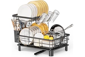 LIONONLY 2 Livelli Scolapiatti da Lavello con Drenaggio Automatico, Acciaio Inossidabile Sgocciolatoio con Ugello a Spirale e Portaposate e Portabicchieri,Scolapiatti da Appoggio